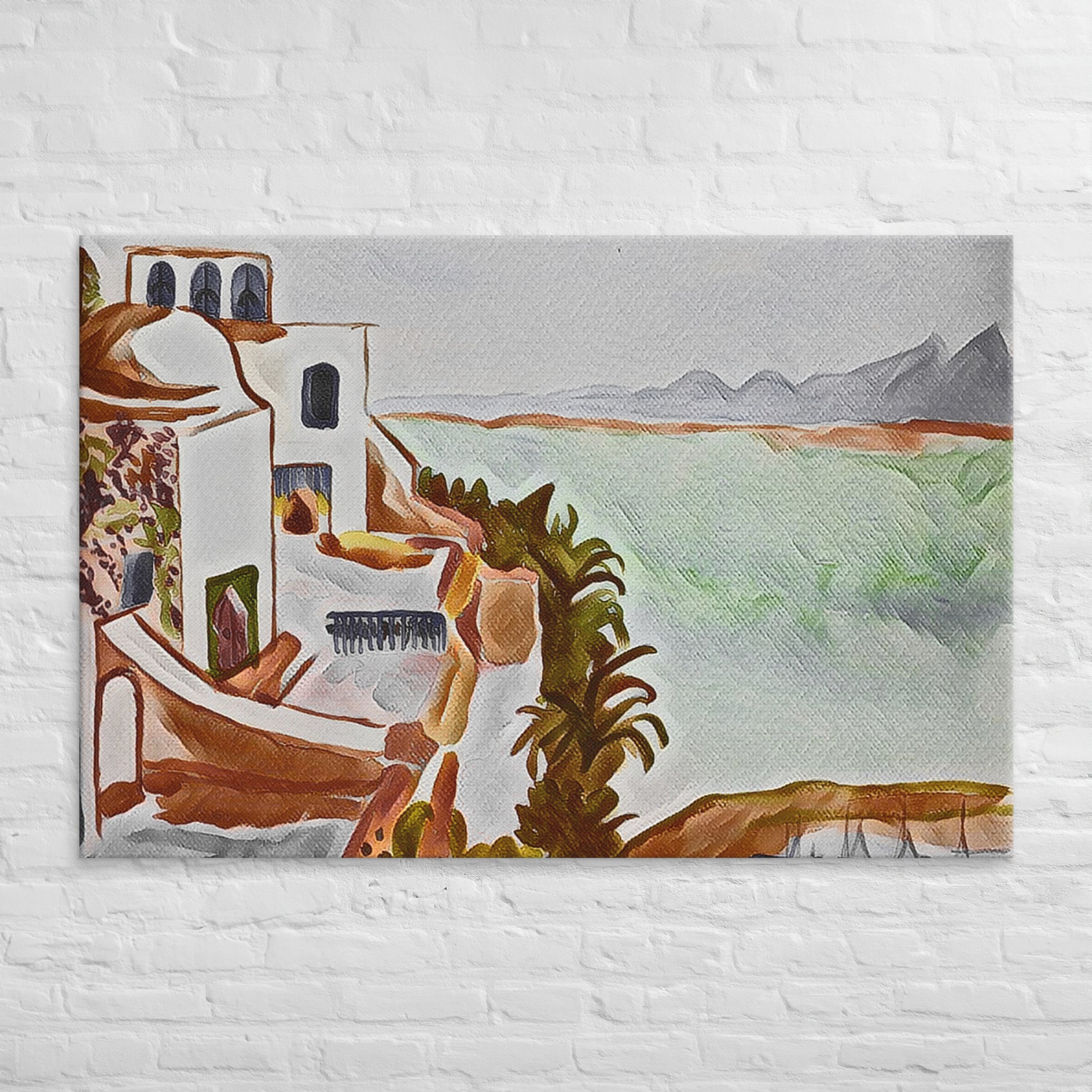Verleihen Sie Ihrem Raum einen Hauch von Exotik mit unserem handgemalten Bild "Arabische Villa am Meer - MAX F. ArtGrafic