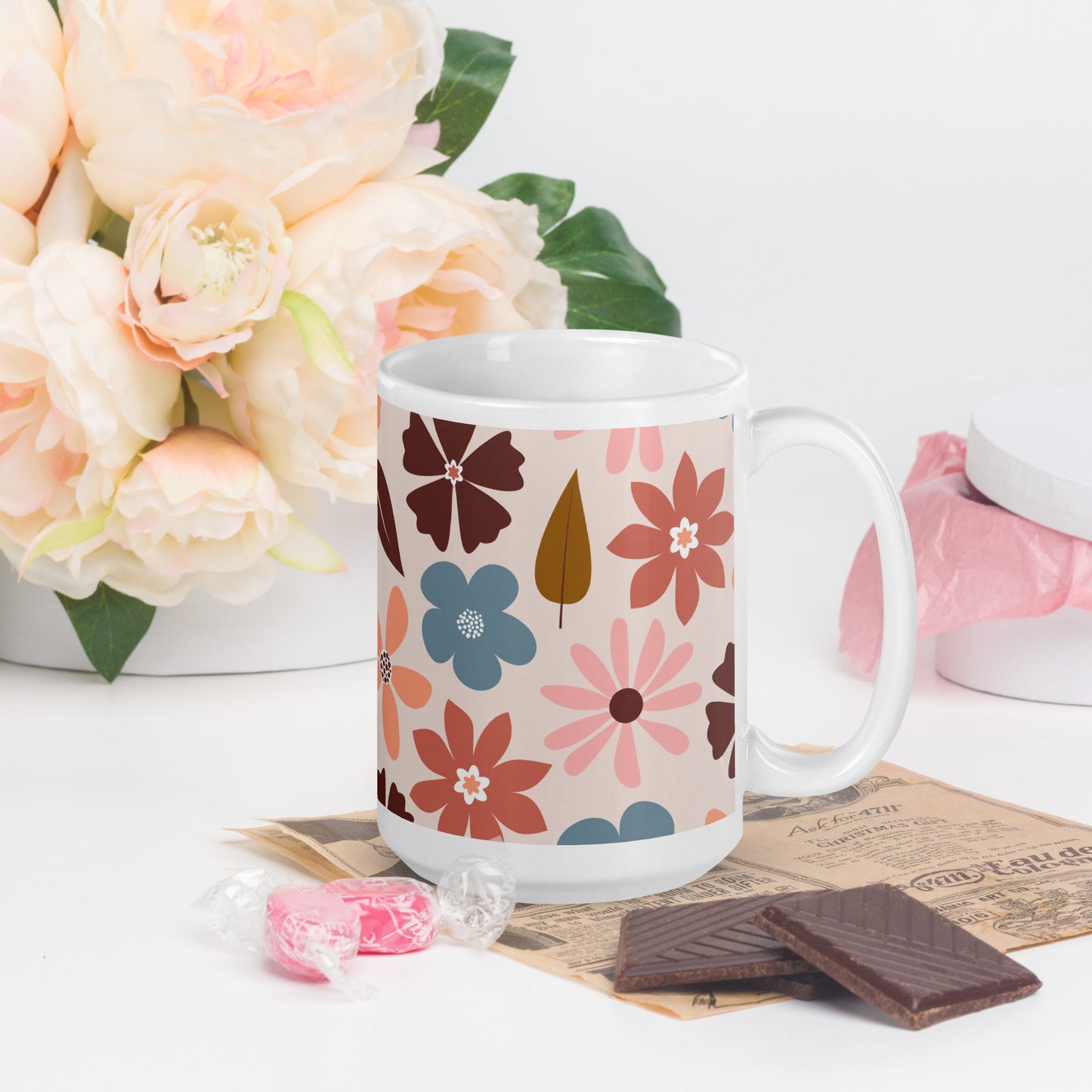 Weiße, glänzende Tasse - Blumen - MAX F. ArtGrafic